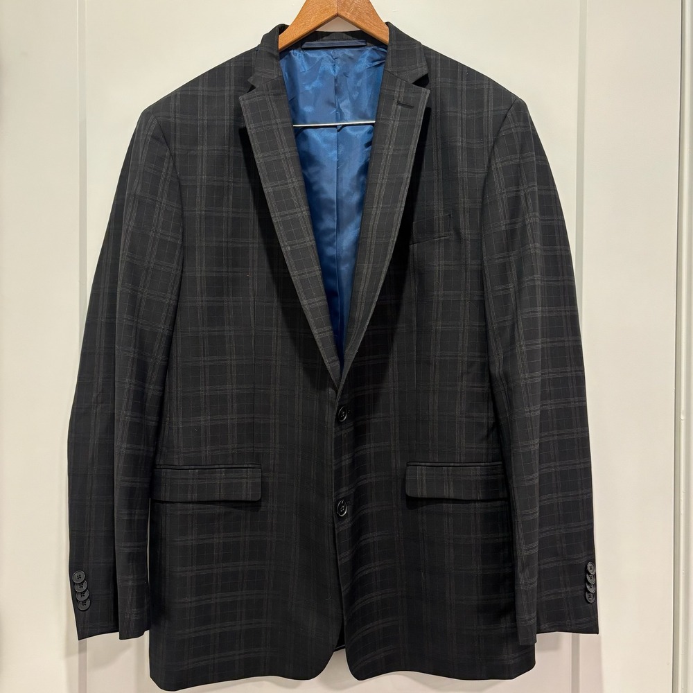Nick Graham Dark Gray Sport Coat Blazer 46L W40 Plaid Stretch Modern Fit Black